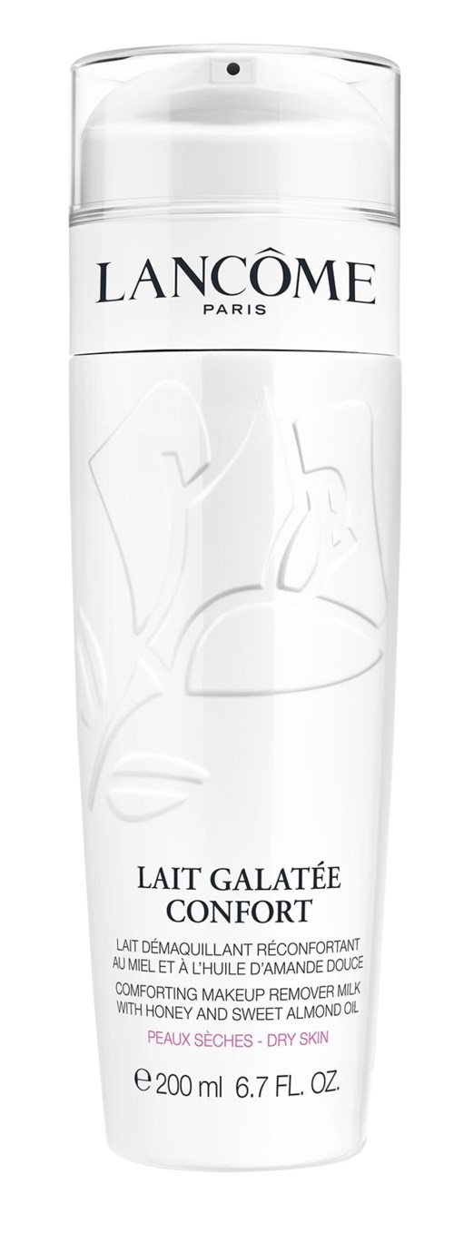 Een witte fles met doorzichtige dop, gelabeld 'Lancôme Paris' en 'Lait Galatée Confort,' voor make-up verwijderaar, 200 ml.