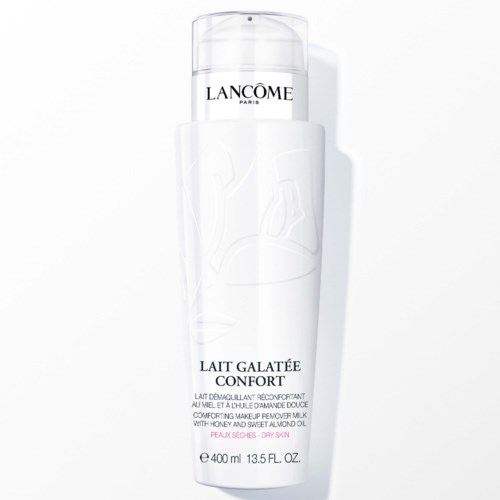 En vit flaska med svart text och en enkel ansiktsillustration, märkt 'Lancome Lait Galatee Confort' för make-up remover.