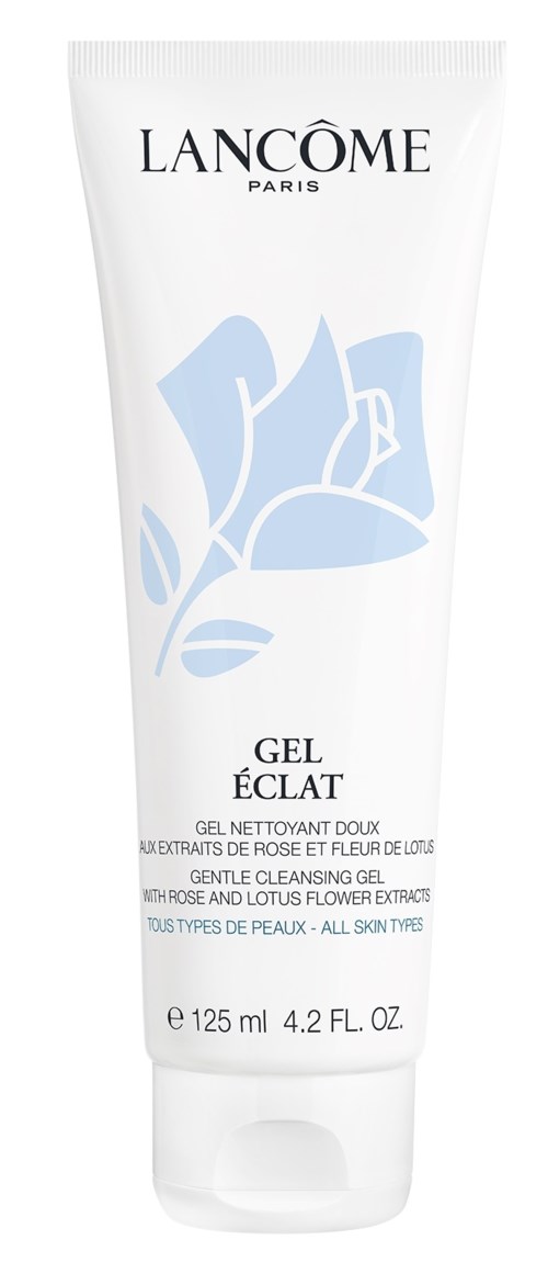 Eine weiße Tube mit Lancôme-Reiniger, mit blauer Rosen- und Lotusblumen-Design.