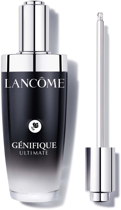 Mustavalkoinen ja hopeinen Lancôme-seerumi pullo tipalla.