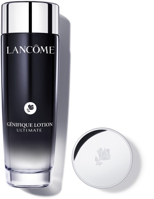 Lancôme Génifique Lotion Ultimate -pullon hopealäpällä ja pyöreällä hopealla kannella.