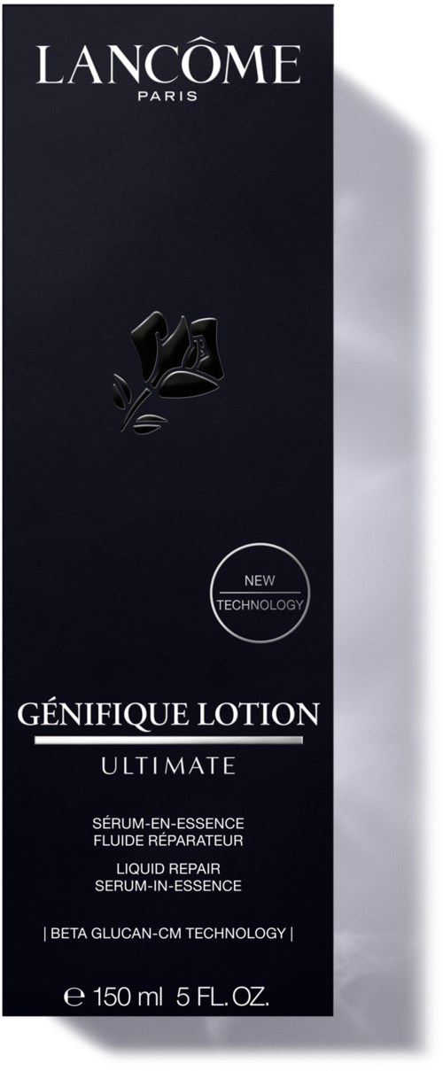 Pitkän tumman laatikon, jossa on valkoinen teksti, logo ja etiketti Lanc 4me G E9nifique Lotion Ultimate, 150 ml.