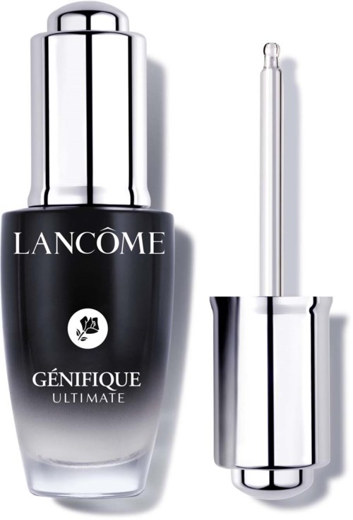 Ein Lancme Hautpflegeprodukt mit Pipette, schwarzer und silberner Flasche, beschriftet 'G E9nifique Ultimate'.