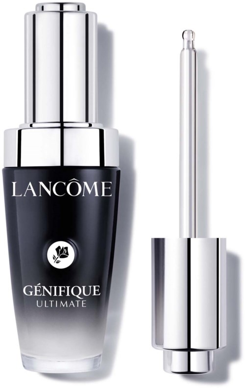 Lancôme Génifique seerumipullo ja pipetti, tyylikäs musta ja hopea muotoilu, valkoinen teksti.