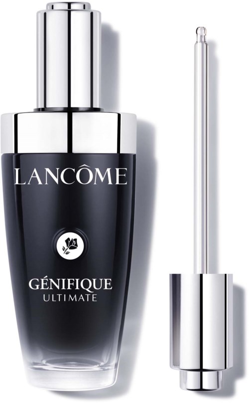 Een zwarte en zilveren fles Lancôme Génifique huidverzorging met pipet.