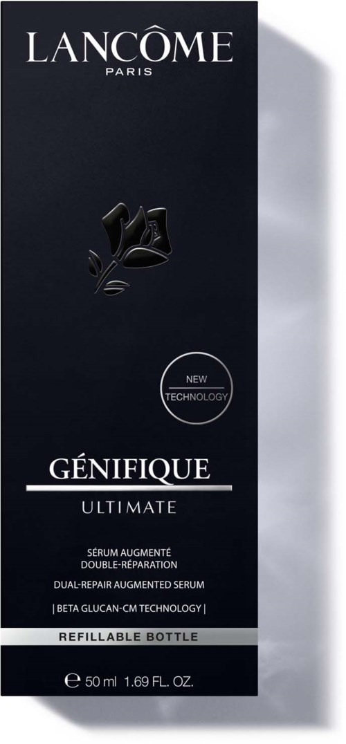 Lancôme Génifique serumdoos met zwart ontwerp, witte tekst, logo en een kleine ronde sticker over nieuwe technologie.