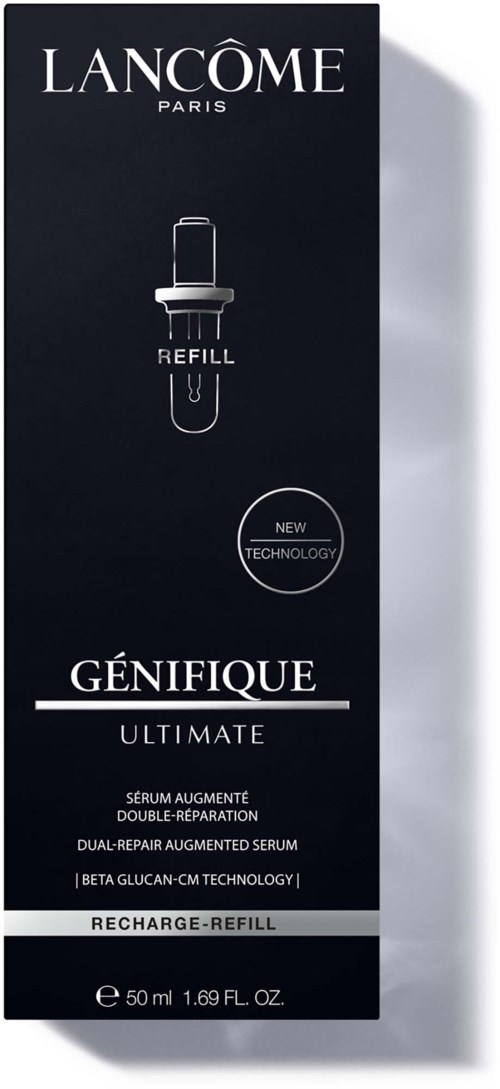 Lancôme Génifique Ultimate påfyllingsboks for serum, med svart bakgrunn og hvit tekst, viser serumteknologi informasjon.