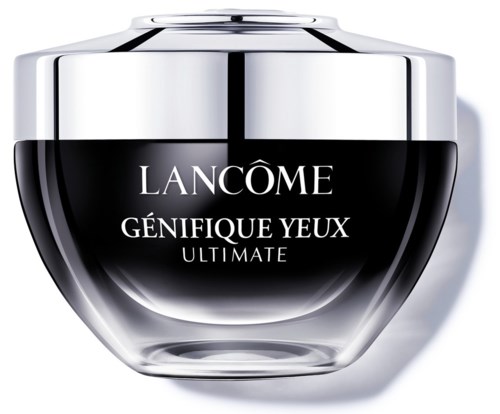 Luksusihintainen silmänympärysvoidepurkki hopeisella kannella ja mustalla kulholla, jossa lukee 'LANCOME GÉNIFIQUE YEUX ULTIMATE.'