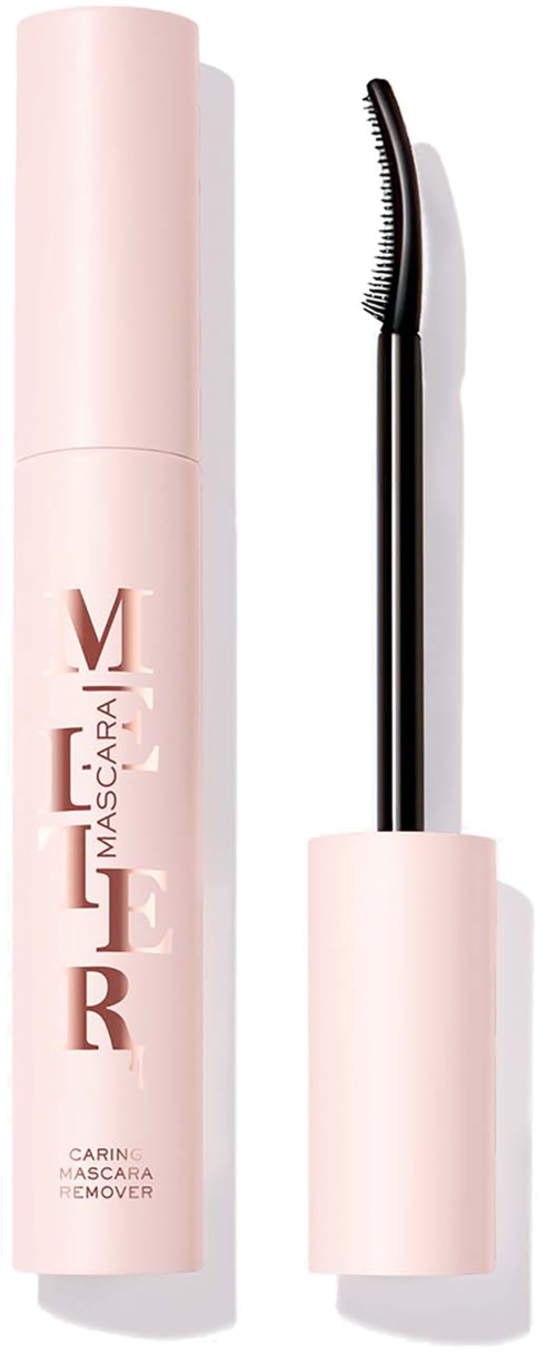 En rosa behållare med en svart vågig mascara-borste, märkt Mer Carin Mascara Remover.