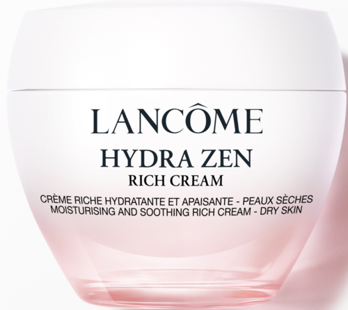 Valkoinen ja vaaleanpunainen purkki Lancôme Hydra Zen Rich Cream, sopii kuivalle iholle, kosteuttava ja rauhoittava.