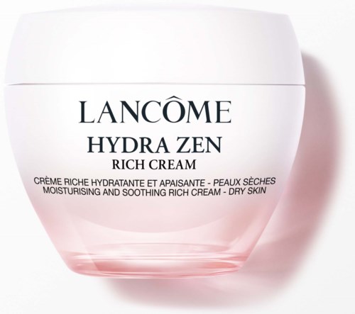Valkoinen purkki Lancôme Hydra Zen Rich Cream kuivaiholle, mustalla tekstillä ja vaaleanpunaisella pohjalla.