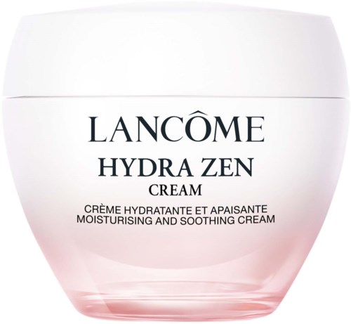 A white and pink jar of Lancôme Hydra Zen cream, labeled as a moisturizing and soothing product.