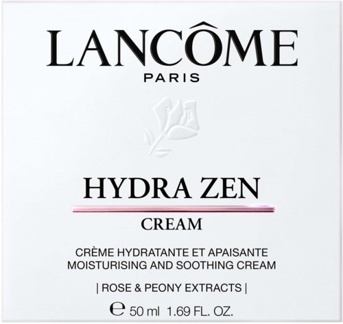 A skincare product box with black text, mentions Lancôme, Hydra Zen cream, rose and peony extracts, 50 ml.