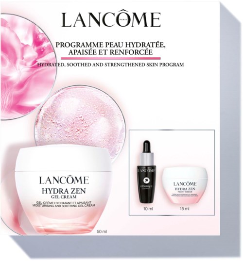 Lancôme huidverzorgingsproducten, inclusief gelcrème, serum en moisturizer, in wit en roze verpakking. Tekst bevordert hydratatie en kalmering.