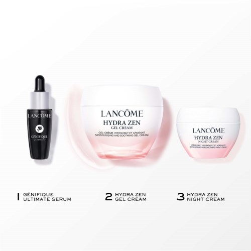 Lancôme huidverzorgingsproducten, waaronder een serum, gelcrème en nachtcrème met hydraterende en kalmerende eigenschappen.