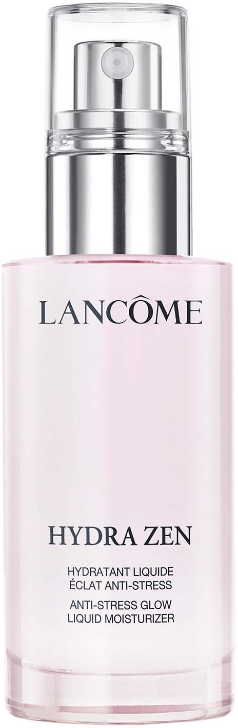 Een roze vloeistofhydraterende fles met zilveren pomp en doorzichtige dop, gemarkeerd Lancôme Hydra Zen.