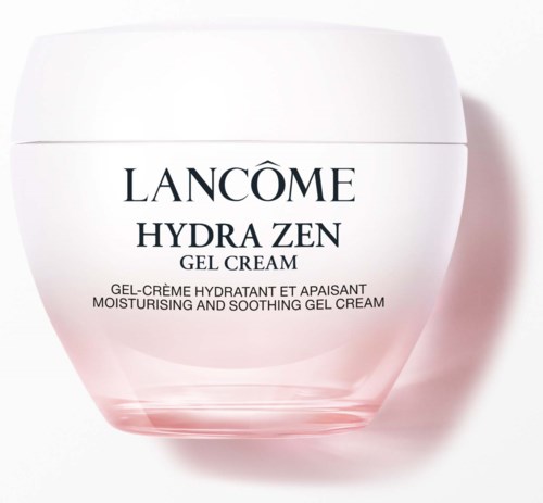 Ett vitt och rosa glas med Lanc f4me Hydra Zen gel-kräm för återfuktning och lugnande av huden.