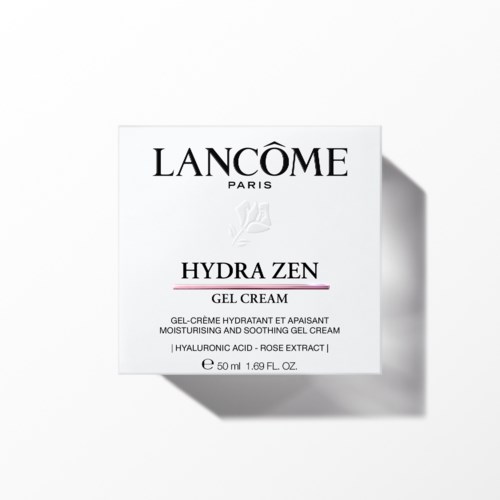 Lancome Hydra Zen gelkräm box med produktinformation i svart och rosa text på vit bakgrund.