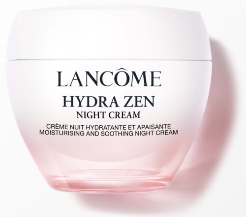 Valkoinen purkki Lancôme Hydra Zen Night Cream, vaaleanpunainen pohja; tyylikäs ja yksinkertainen muotoilu.