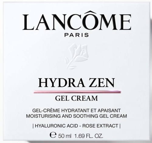 Lancôme-märke, produktnamn Hydra Zen gel cream, beskriver återfuktande och lugnande effekter, innehåller hyaluronsyra och rosextrakt.