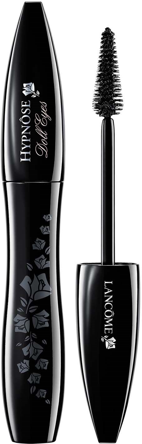 En svart mascara-rör med blommönster och en borste bredvid. Text på röret säger "HYNOSE" och "LANCÔME".