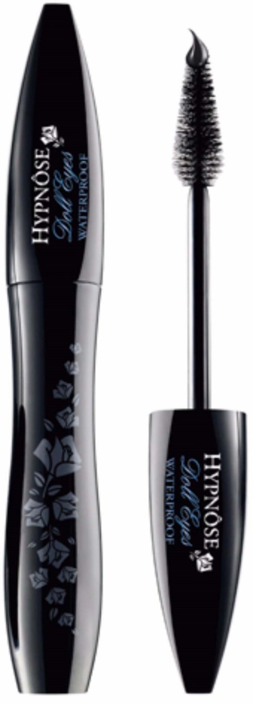 Ein schwarzer Mascara-Tubus mit Blumenmuster und ein separater Bürstchen.