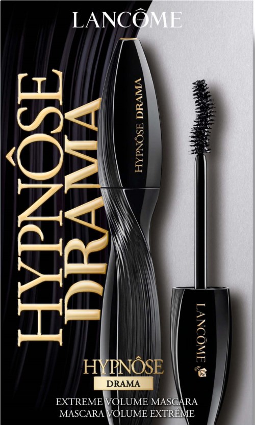 Zwarte en gouden mascara-flacon met borstel, gemarkeerd 'HYPNÔSE DRAMA' door Lancôme.