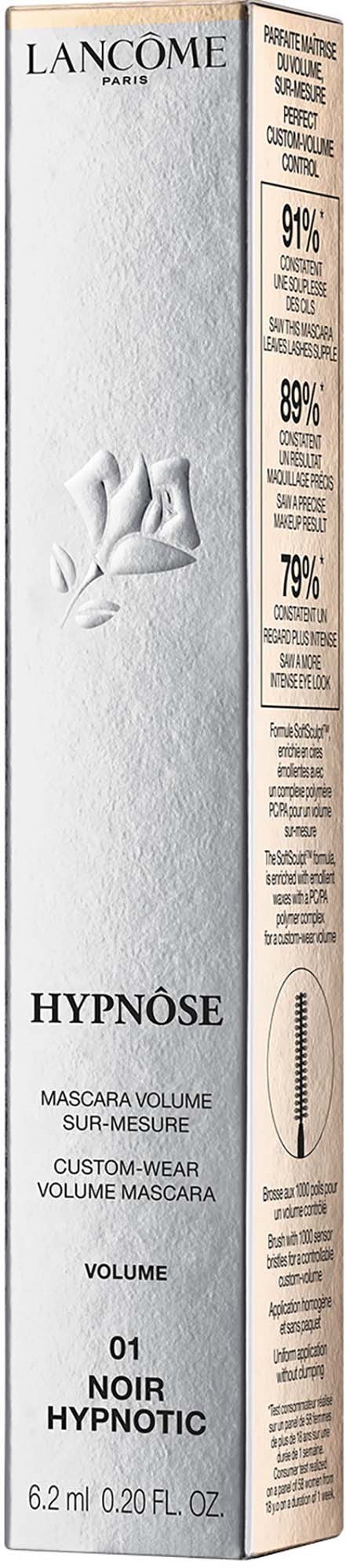 A tall white box with a rose logo, describing Lancôme Hypnôse volume mascara in black packaging.