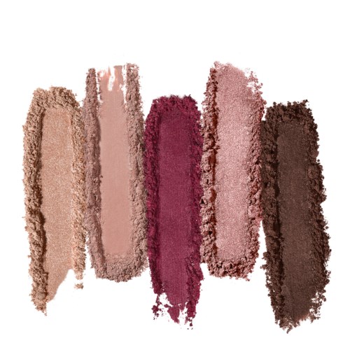 Sex makeupprover i nyanser från beige till mörkbrun, med en rödrosa mitt i.
