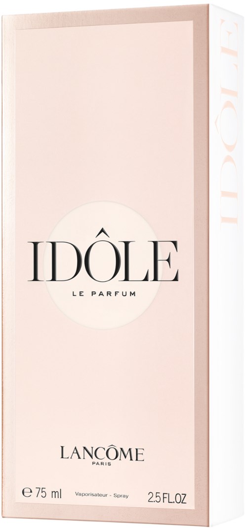 En parfymförpackning i ljusrosa färg med svart text, 'IDÔLE LE PARFUM' och 'LANÇOME' varumärke, 75 ml storlek.