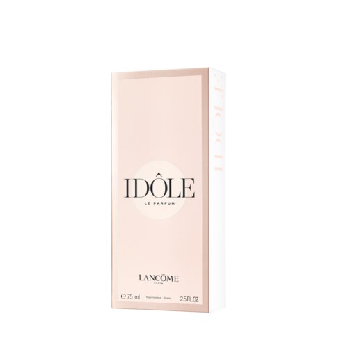 Een roze doos met het woord IDÔLE en Lancôme-logo, waarschijnlijk parfumverpakking met eenvoudig ontwerp.