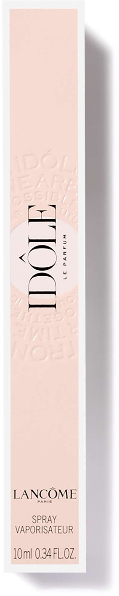 Een lange, slanke roze doos met 'IDOL' en 'LANCOME' erop, bevat een parfumfles.