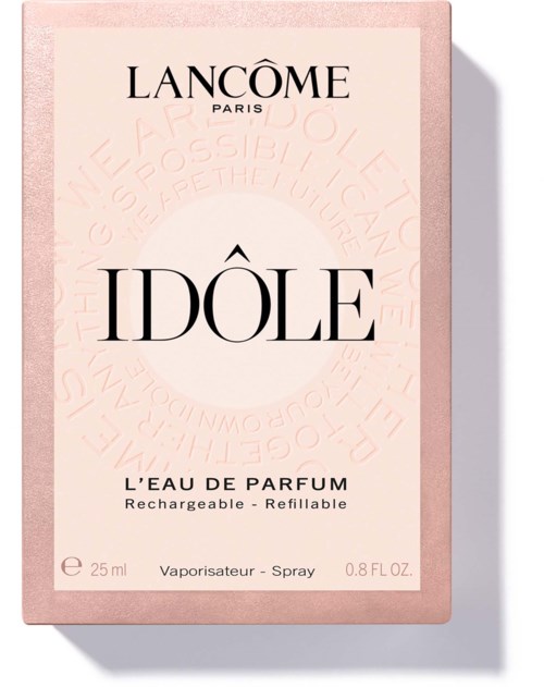 Lancôme Idôle parfymeeske i lys rosa med svart og hvit tekst.