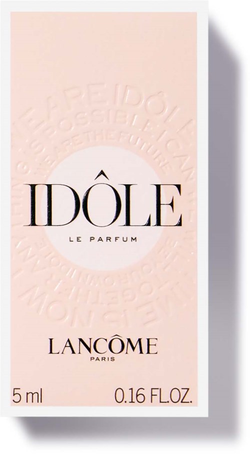 En liten parfymförpackning märkt 'IDÔLE' av Lancôme i ljusrosa och vitt.