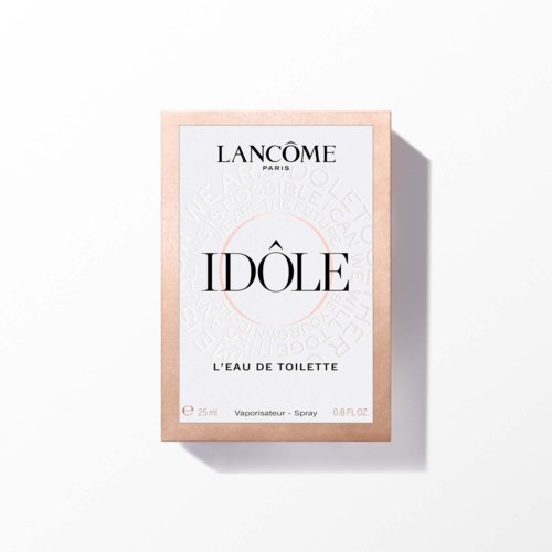 Lancôme Idôle parfyme eske, hvite og rosa farger, enkel design, 25 ml størrelse, spraytype.