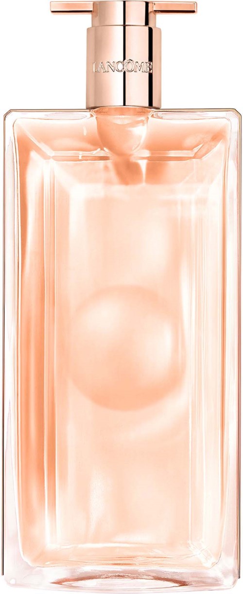 Ein rechteckige Glas-Parfümflasche mit rosafarbenem Deckel, klar und glänzend, enthält eine hellrosa Flüssigkeit.