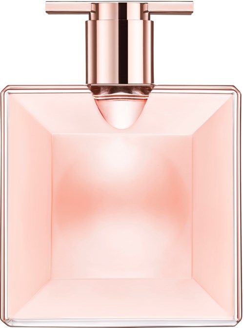 Een roze parfumfles met vierkante vorm en een ronde dop bovenaan.