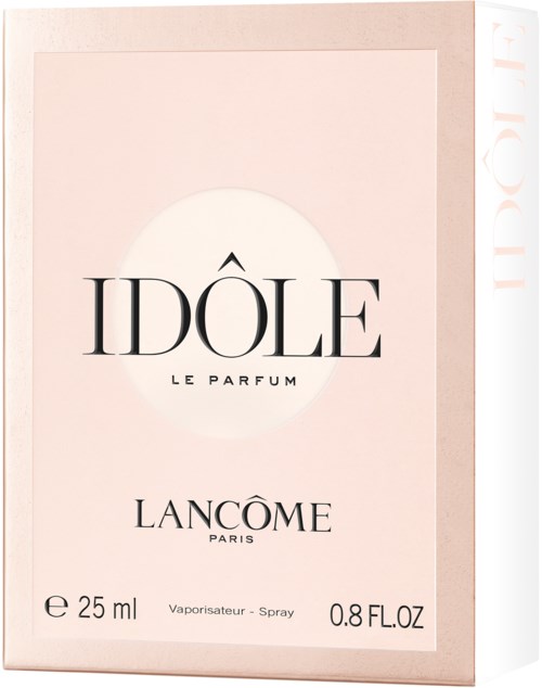 Een parfumédoos in roze, met de woorden IDÔLE en Lancôme-logo, en informatie over het volume.