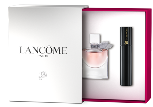 Lancôme Paris parfym och läppstiftsset i en vit och rosa låda.