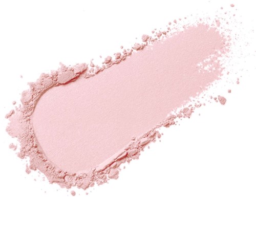 Roze poeder verspreid in een gebogen vorm op een witte achtergrond.