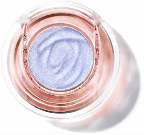 A bottle of blue nail polish with a shiny, swirled surface inside.