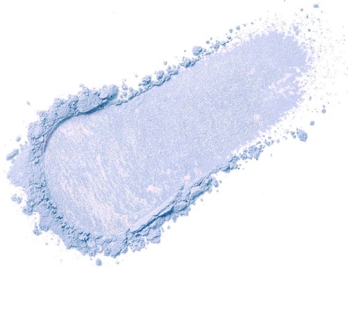 Light blue powder in a streak with some loose particles around. Soft, fine texture. Bright background.