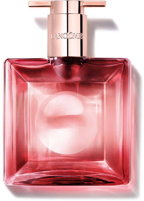 A pink perfume bottle with a square shape and a rose gold cap, labeled 'LANCÔME'.