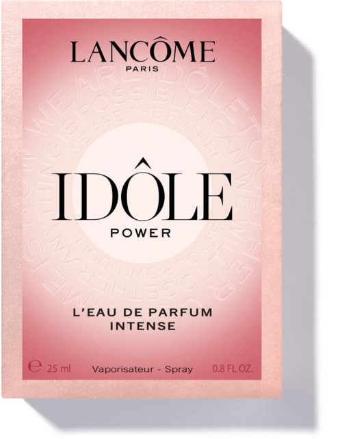 Lancôme IDÔLE Power perfume box, pink background, black text, brand name, product name, description, 25 ml.