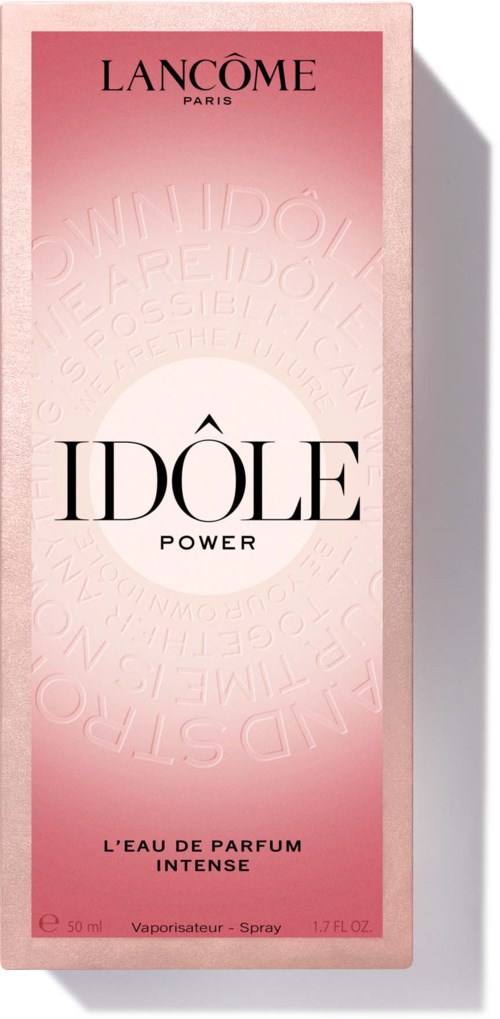 Een roze parfumdoos voor Lancôme Idol Power. Het is 50 ml en heet L'eau de Parfum Intense.