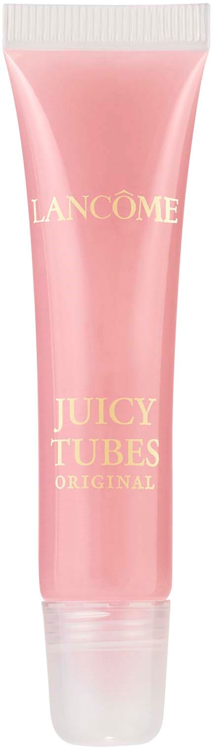 A pink tube with gold text that reads 'Lancôme Juicy Tubes Original' on it.