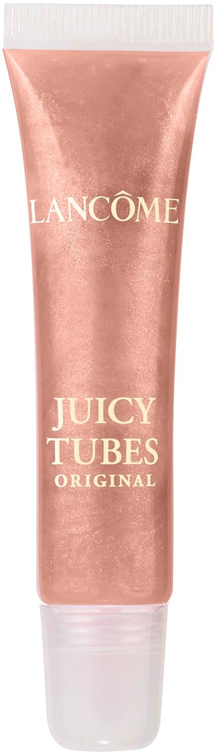 Een roze-gouden tube met de tekst 'Lanc f4me Juicy Tubes Original.'