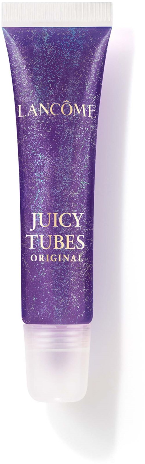 Lila tube med vit lock som säger Lancome Juicy Tubes Original. Ser glänsande och jämn ut.