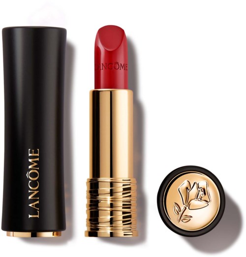 Lancôme läppstift med röd färg, guldhölje och svart lock med rosdesign.