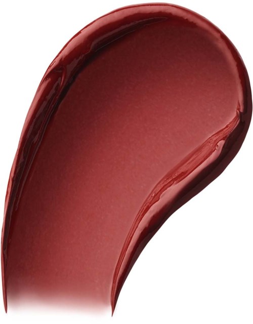 Ett skikt av glansigt, mauvefärgad makeup eller läppstift med en kurvig, tårformad form.
